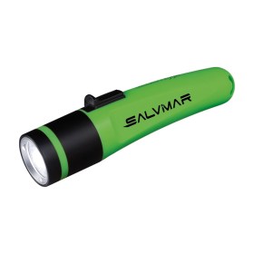 Torcia subacquea Galactika di Salvimar, corpo ergonomico, colori verde e nero. Vista laterale